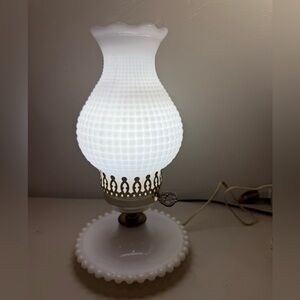 Vintage Hobnail Milk Glass 11" T Lamp Hurricane Electric Parlor Table Boudoir